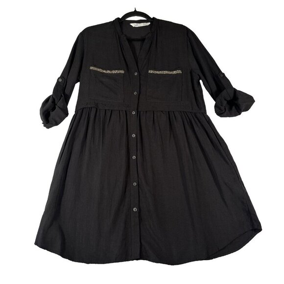 Zara Denim Black Shirt Dress Button Down Roll Tab Sleeve Embellished Pockets S - Picture 1 of 12